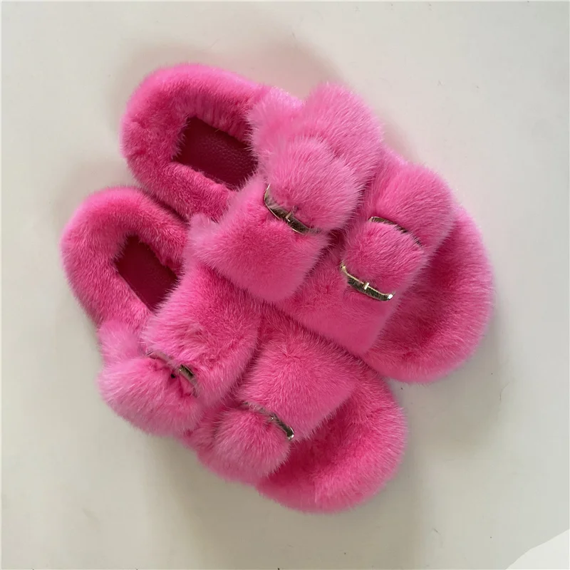 

European Station Luxury Fashion Fur Slippers High Quality Mink Fur Slippers Ladies 100% Mink Fur Slippers Summer Slippers