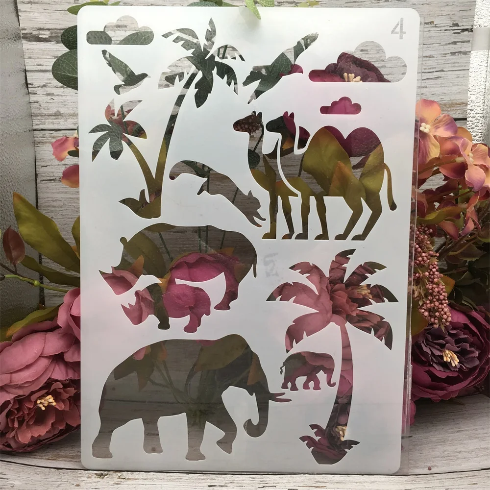 

4Pcs A4 29cm Dinosaur Camel Wild Animals DIY Layering Stencils Painting Scrapbook Coloring Embossing Album Decorative Template