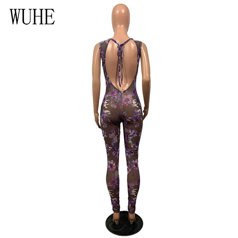 

WUHE Mesh See Through Skinny Jumpsuits Print Off Shoulder O Neck Backless Sleeveless Halter Lace Up Bandage Nightclub Party