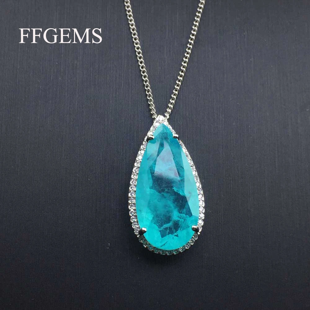 

FFGems Brazilian Paraiba Tourmaline Necklace Created Gemstone Pear 12*25mm for Women Fine Jewelry Pendant Party Wedding Gift