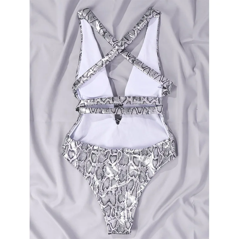

Rivertrip Deep V One-piece Swimsuits Sexy Women's Swimwear Snake Print Bodysuit High Cut Bathing Suit 2021 Cross Bandage Bathers