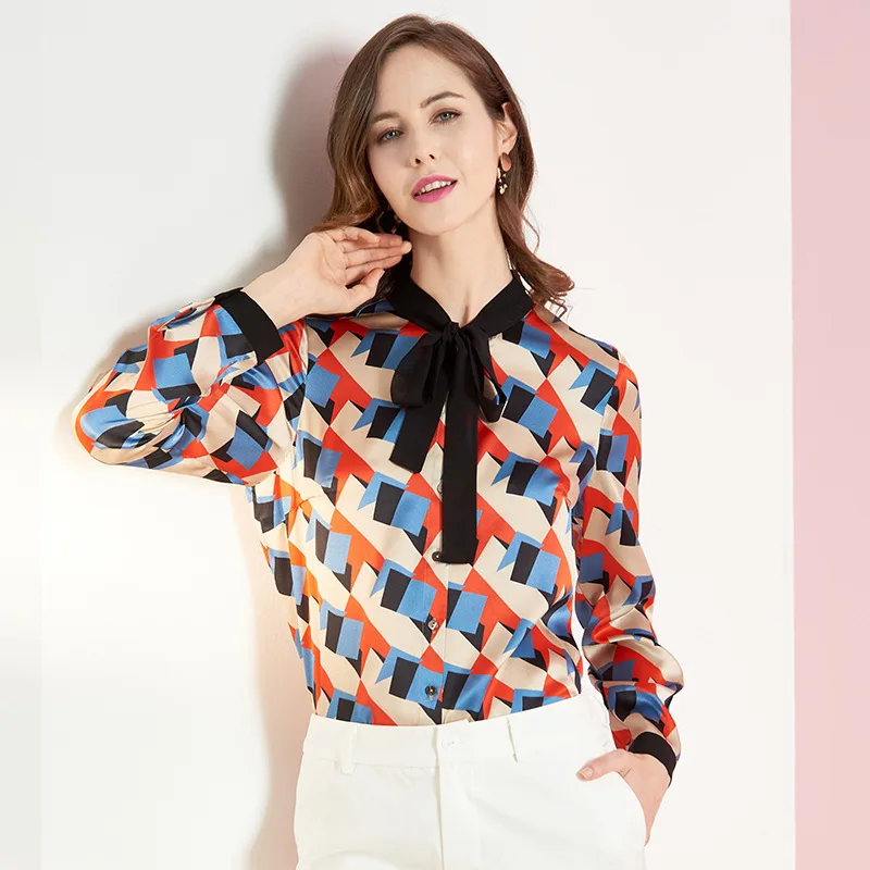 women tops and blouses silk geomatric ribbon floral high quality OL 2020 summer office shirts long sleeve casual sexy plus size