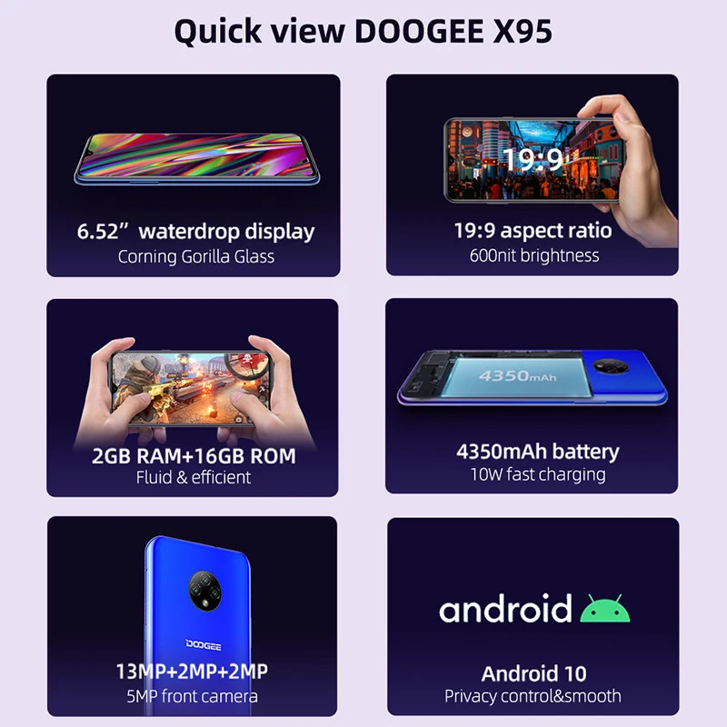 DOOGEE X95 6 52 дюймовый мобильный телефон Quad Android 10 4G LTE 2 Гб ОЗУ 16 ПЗУ смартфон MTK6737 4350