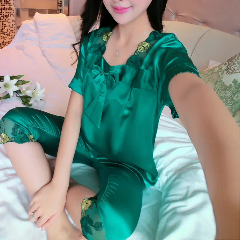 2021 Summer Korean Version Suit Women's Thin Short Sleeve Ice Lace Sexy Pajamas Two Piece Suit Household Clothes Sleepwear