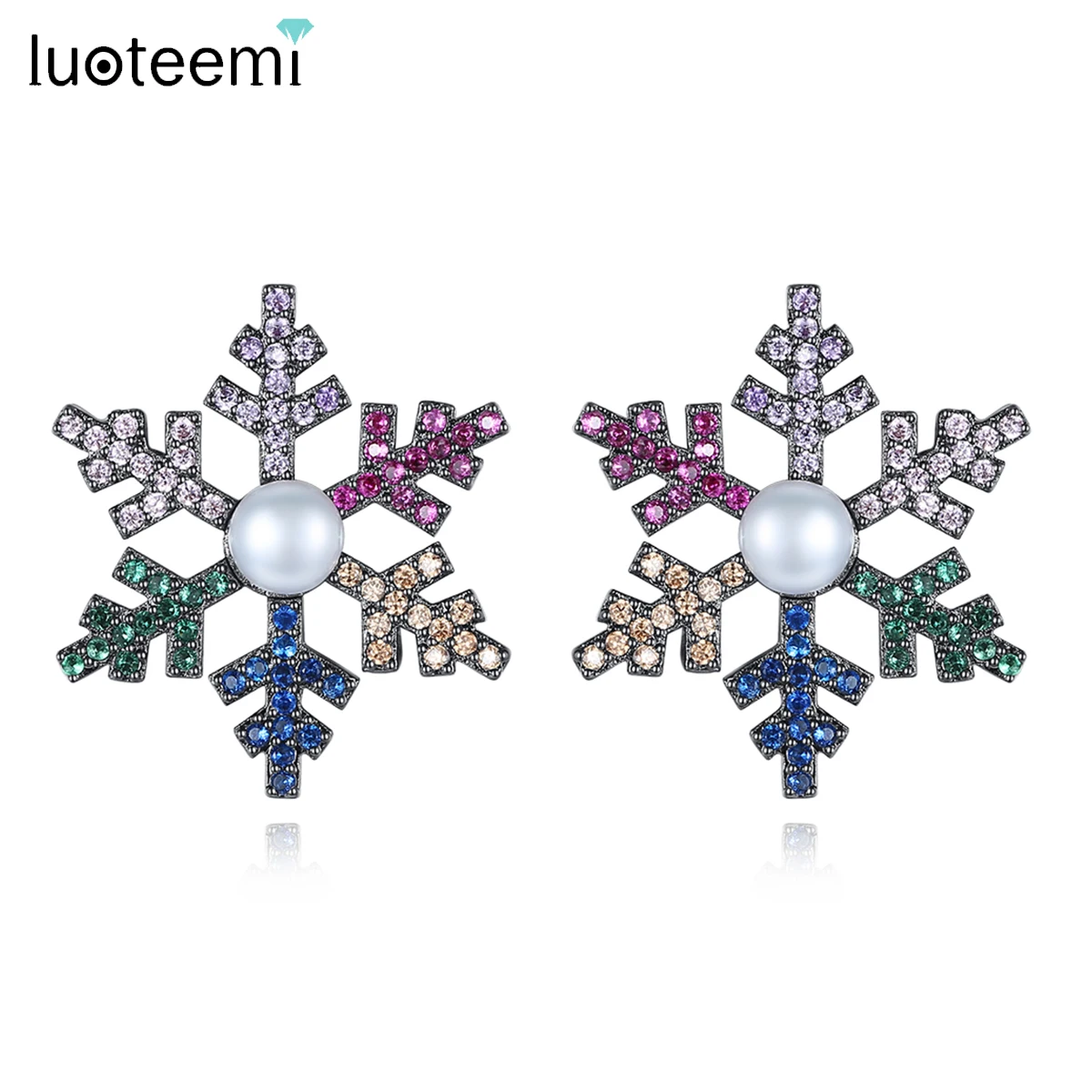 

LUOTEEMI Coloful Snowflake Cubic Zirconia Stud Earrings for Female 2021 New Korean Fashion Cute Pearl Wholesale Jewelry for Kids