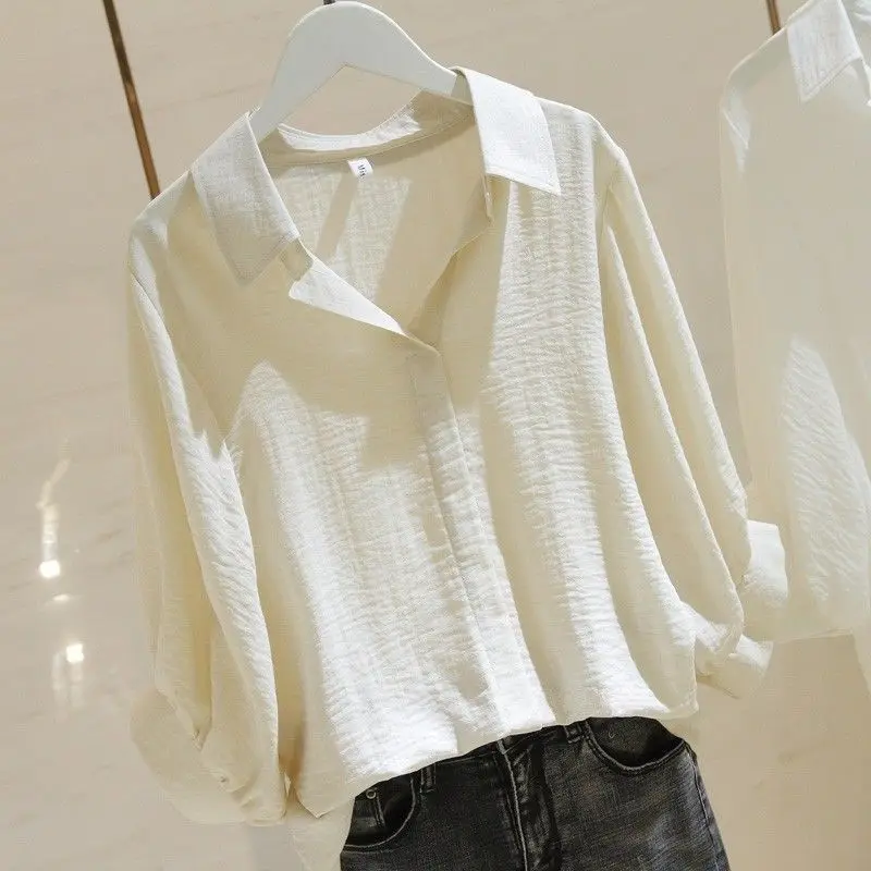 

Cotton Solid Color Large Size Shirt Female Pullover Spring Summer Solid Color Korean Shirt White Loose Sleeve Blouse P3 227
