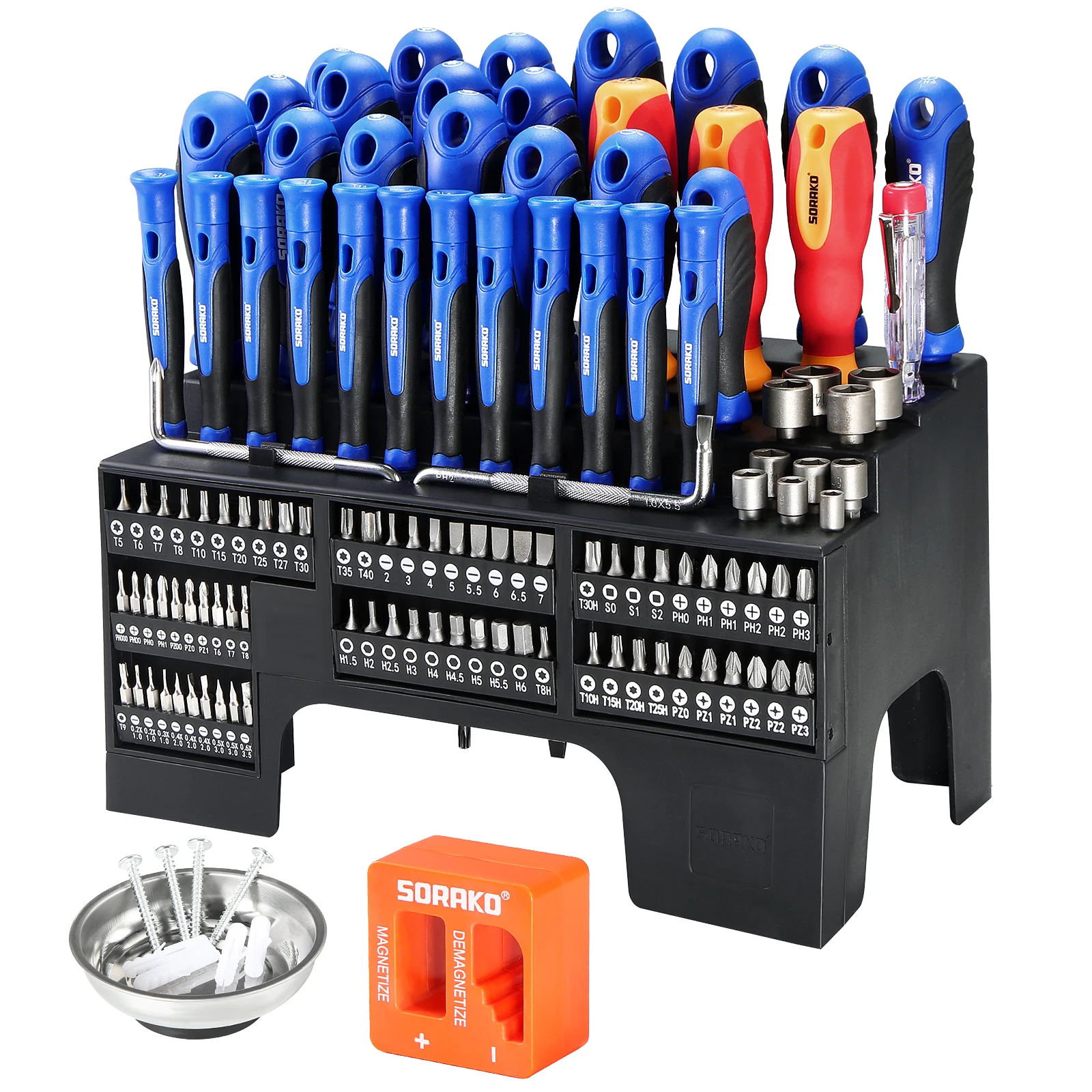 

SORAKO 118-Pcs Magnetic Screwdriver Set with Plastic Racking and Socket set,Multi tool,Precision Screwdriver Kit for Home Repair