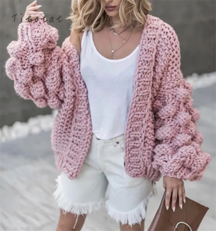 2021 Promotion Full Standard Solid Pull Great Cardigan Women Weave Coarse Needle Fall Winter New Europe Black Sweater Pink Knit |