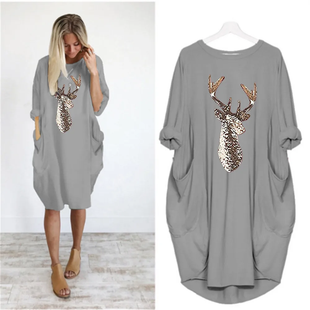 

5XL Loose Dress Christmas Pattern Printed Long Sleeve Side Pockets Knee Length Dress Clothing Women 2020