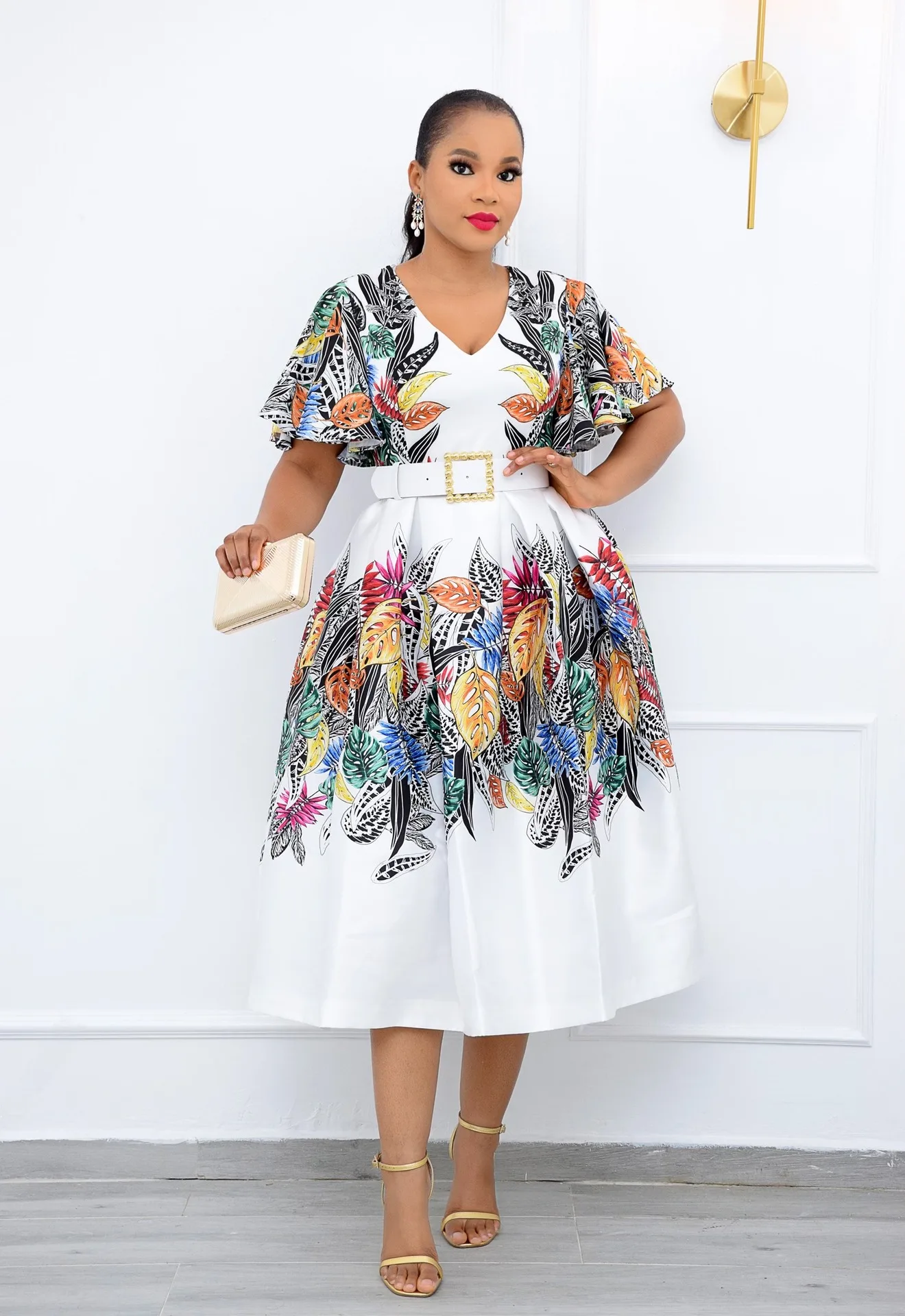 2021 African Dresses for Women Summer African Women Short Sleeve Printing V-neck Polyester Dress African Clothes Women