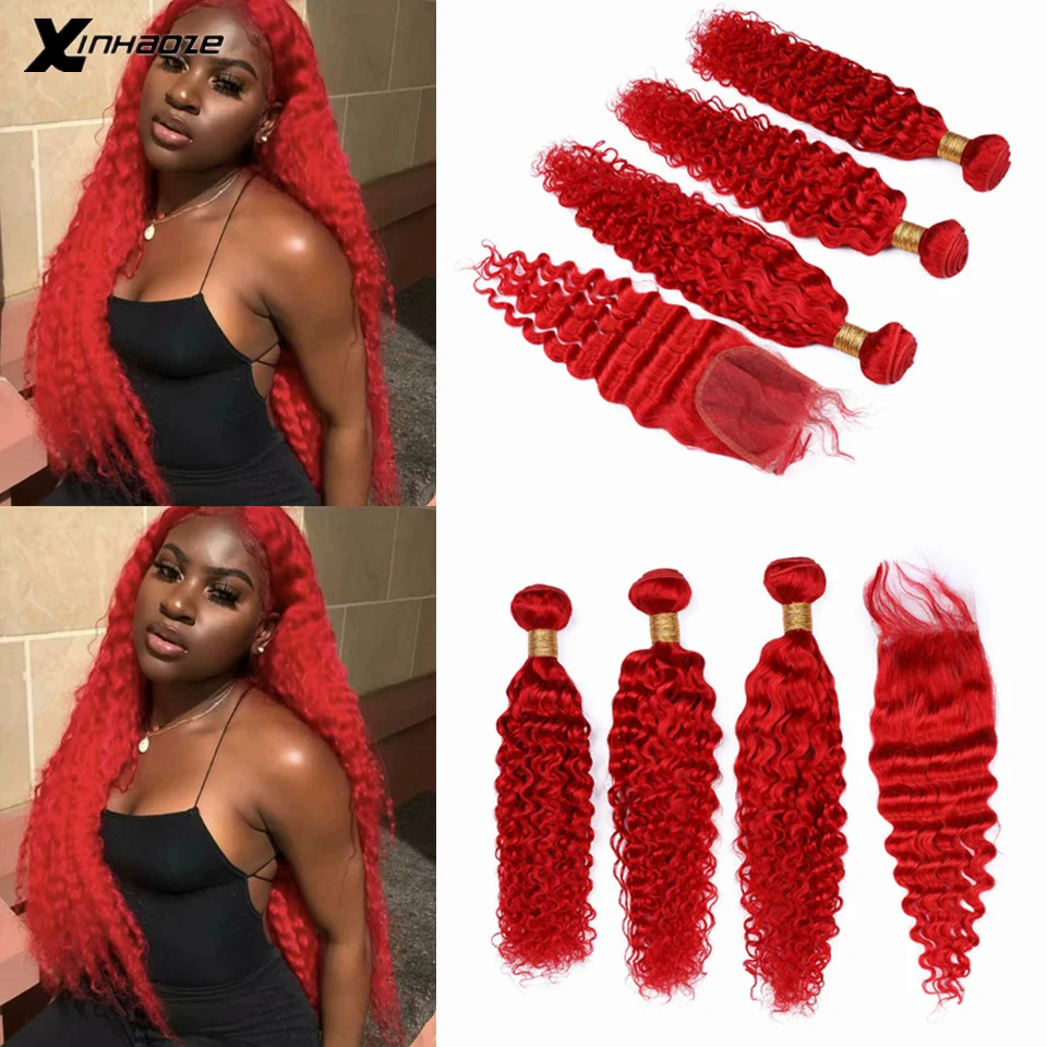 Малазийские пучки волос с 4*4 ''застежкой глубокие волнистые красные