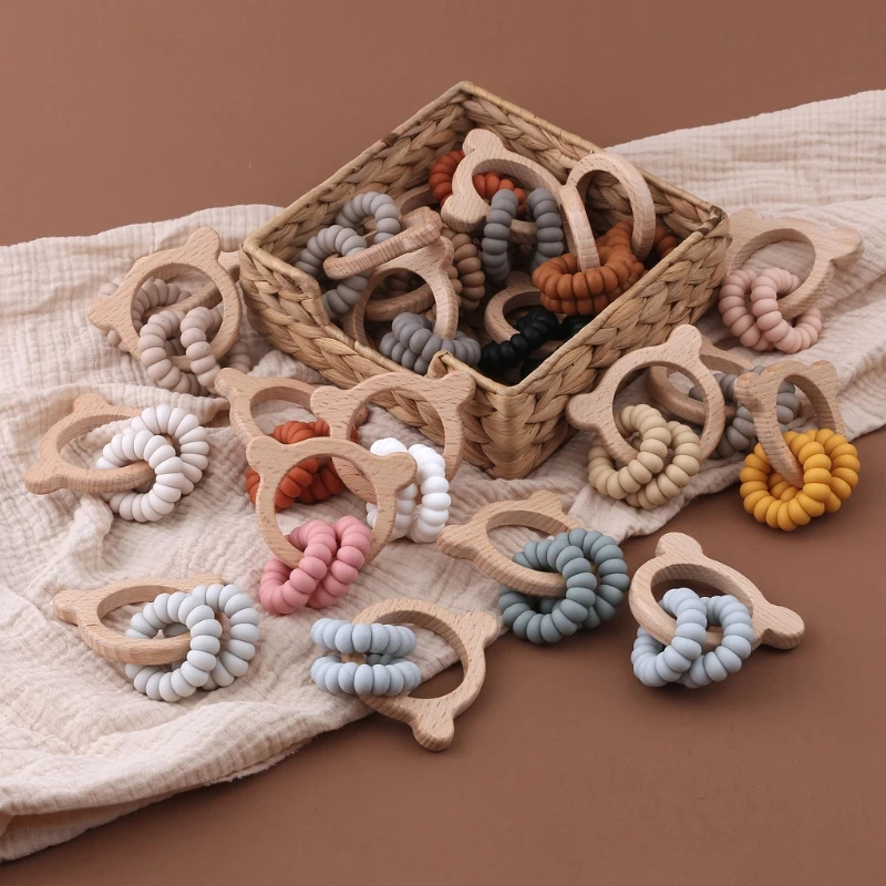 

Baby Silicone Beads Teether Wooden Ring Rattle Nursing Chewing Teething Toy Bracelet Molar Soother BPA Free Shower Gifts for New