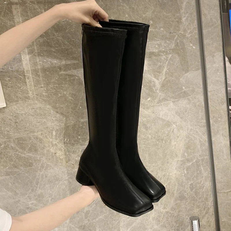 

2020 New Ladies Long Nude Boots Women's Square Toe Mid-heel Over The Knee Leather Boots Spring And Autumn Black Fashion Boots