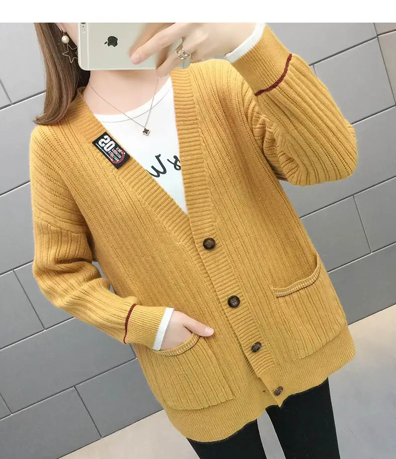 

Женский Осенний вязаный кардиган, свитер с пуговицами и полосками, модная женская верхняя одежда с длинным рукавом и открытым стежком, дамс...