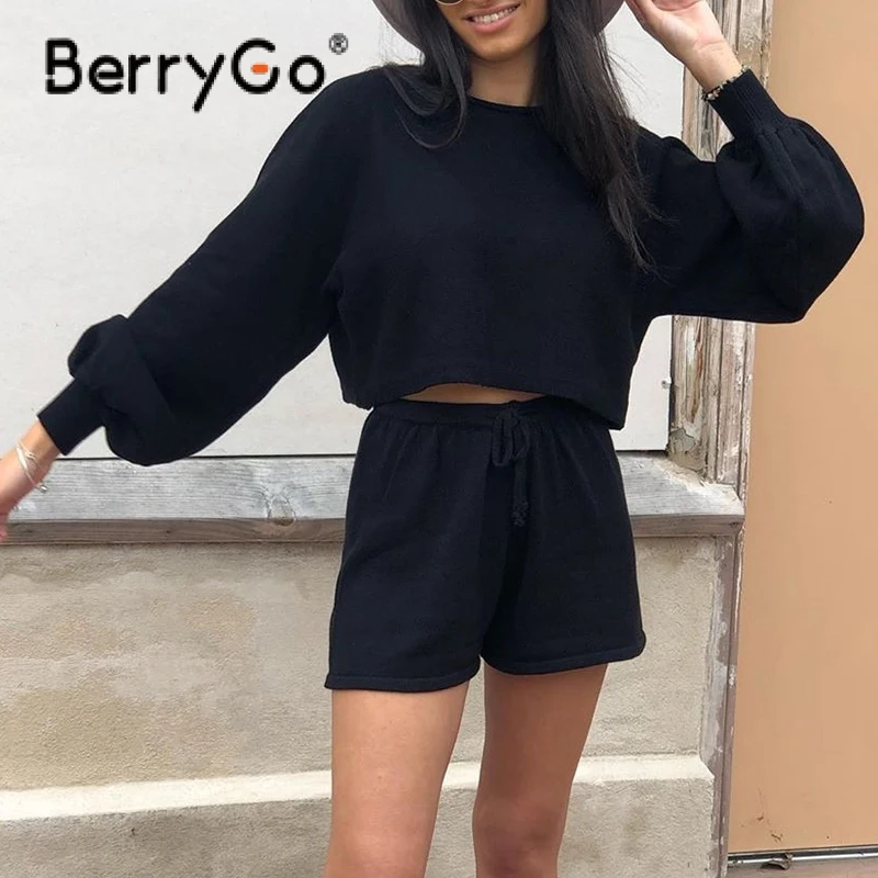 

BerryGo Casual solid new women's two piece suit Summer Bubble Sleeve Top Shorts Set sexy navel sweater two piece set