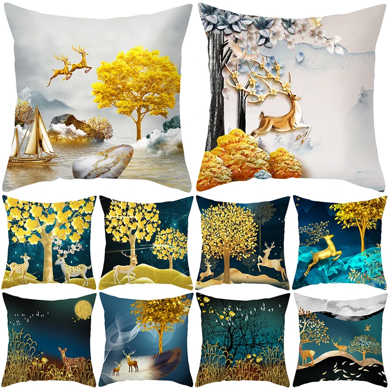 

Zerolife Golden Christmas Tree Elk Cushion Cover Home New Year Decorative Sofa Throw Pillow case 45x45 cm Christmas Ornaments
