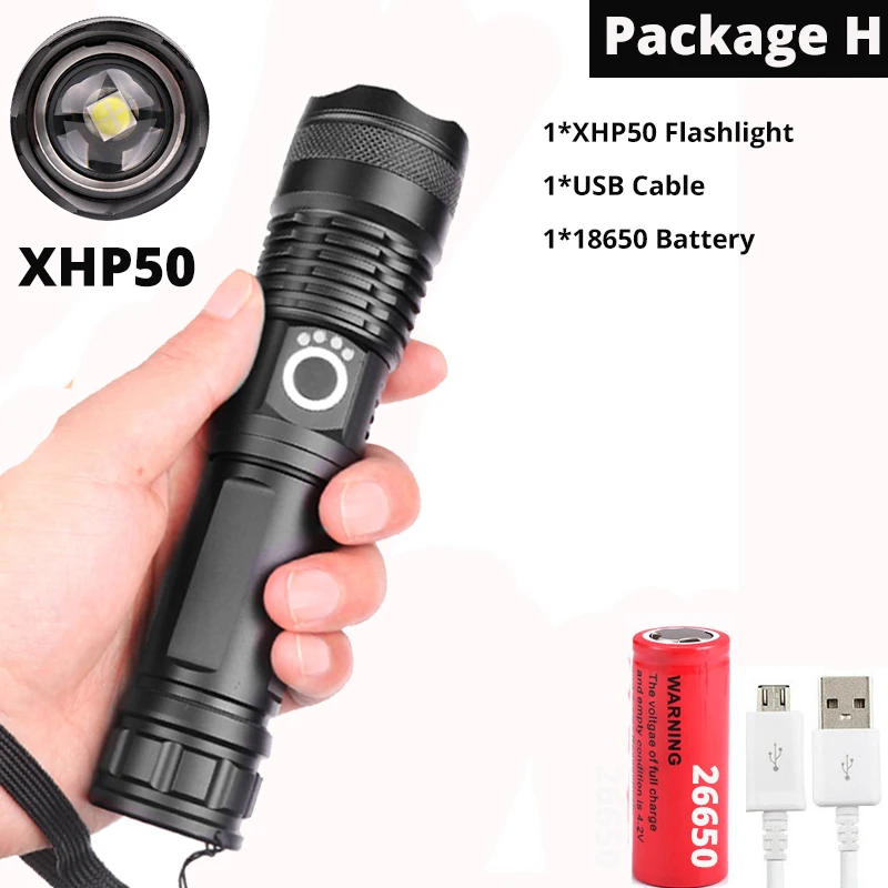 Яркий xhp70.2 высокомощный перезаряжаемый светодиодный светильник-вспышка XHP90 lanterna тактический светильник 18650 или 26650 лампа для кемпинга и охоты - Испускаемый цвет: Package H-XHP50