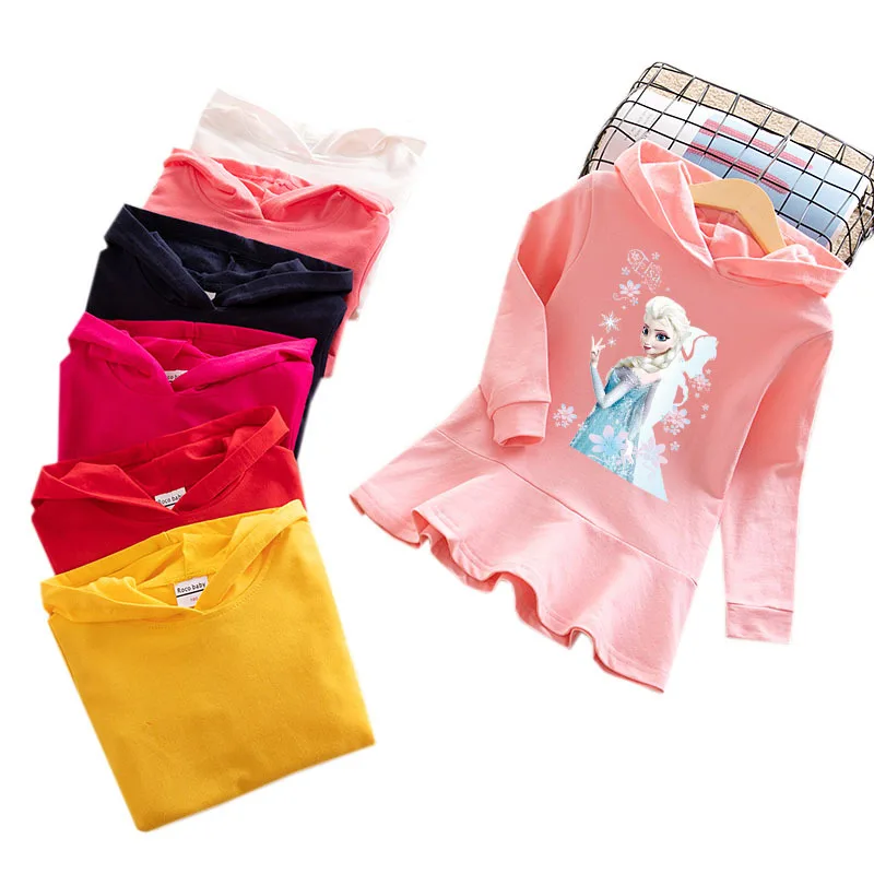 

Autumn Winter Frozen Elsa Girls' Hooded Sweater Short Dress Baby Cotton Casual Cartoon Letter Ruffle Pink Red Navy White Dress