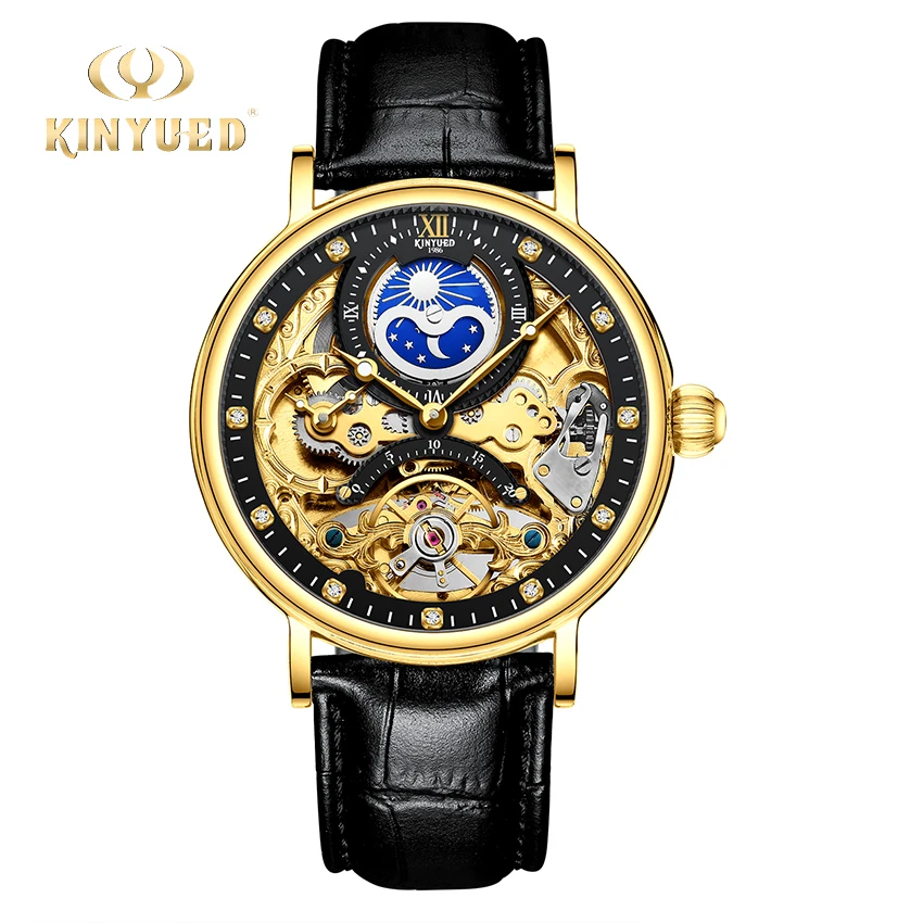 

KINYUED Mechanical Watches Mens 2020 Skeleton Automatic Watch Men Luxury Brand Tourbillon Moon Phase Time Zone reloj de hombre