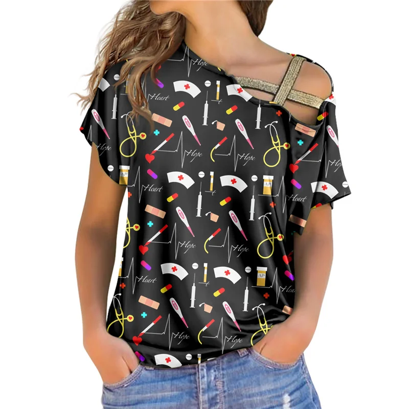 

Nurse Print Shirts Polyester Summer Female Slim Tops Cute White Dress Black Tshirts Harakuju Women T-Shirts Tee grey's atonomy