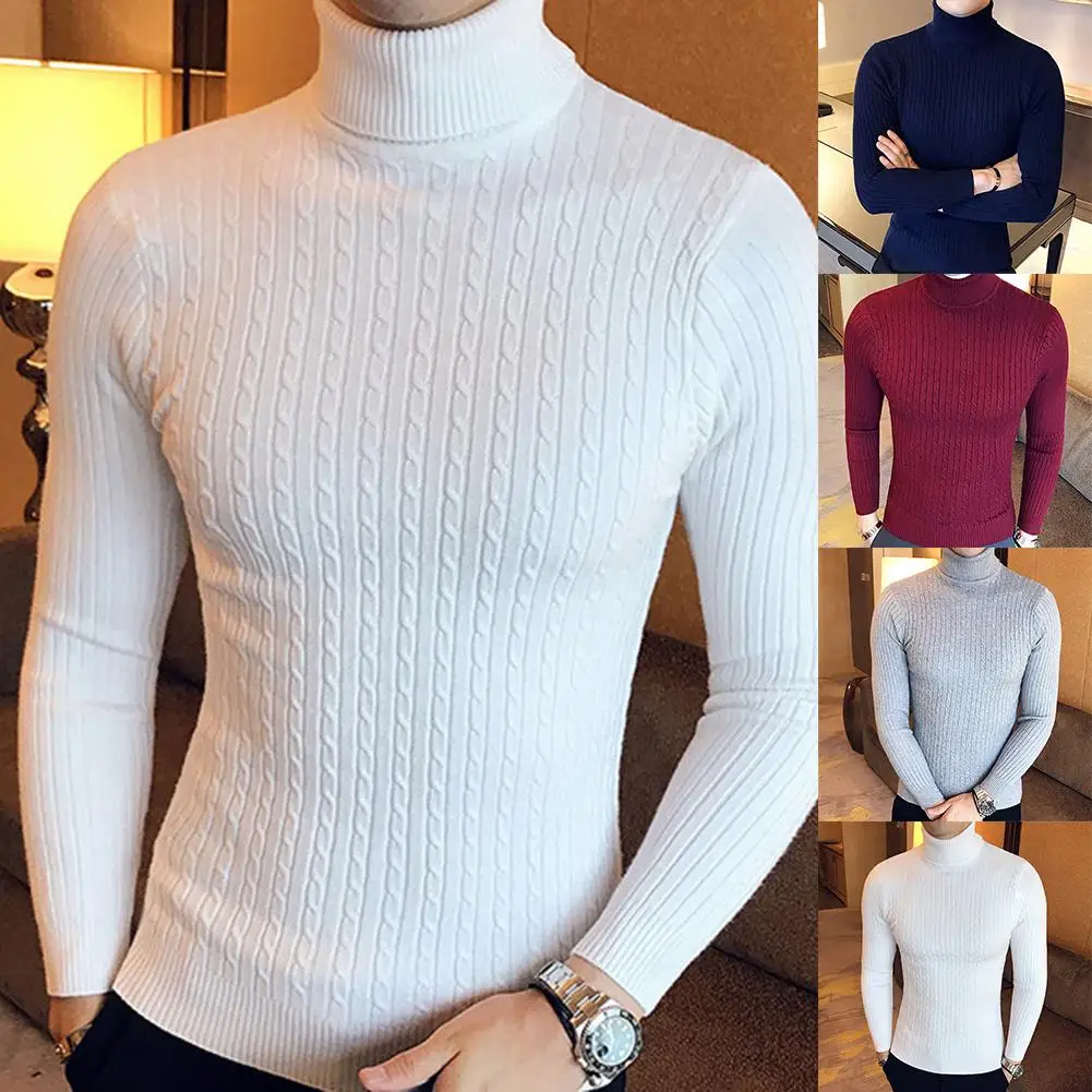 

Casual Men Winter Solid Color Turtle Neck Long Sleeve Twist Knitted Slim Sweater Men's Knitted Sweaters Pullover Men Knitwear