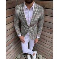 new desings houndstooth suit men 2pcs set tailored slim fit groom tuxedo blazer wedding suits for men grey jacket white pants