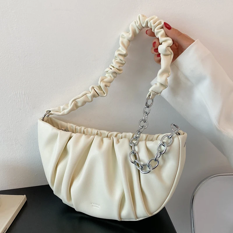 

Half Moon Soft Leather Crossbody Bags For Women Pleated Baguette Armpit Shoulder Bag Designer Handbags Luxury Female Purses