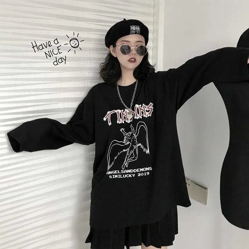 Черный NiceMix весна корейский осень ulzzang Харадзюку улица хип-хоп Темный Ретро Ангел печать футболка ins модная свободная повседневная женская - Цвет: Черный