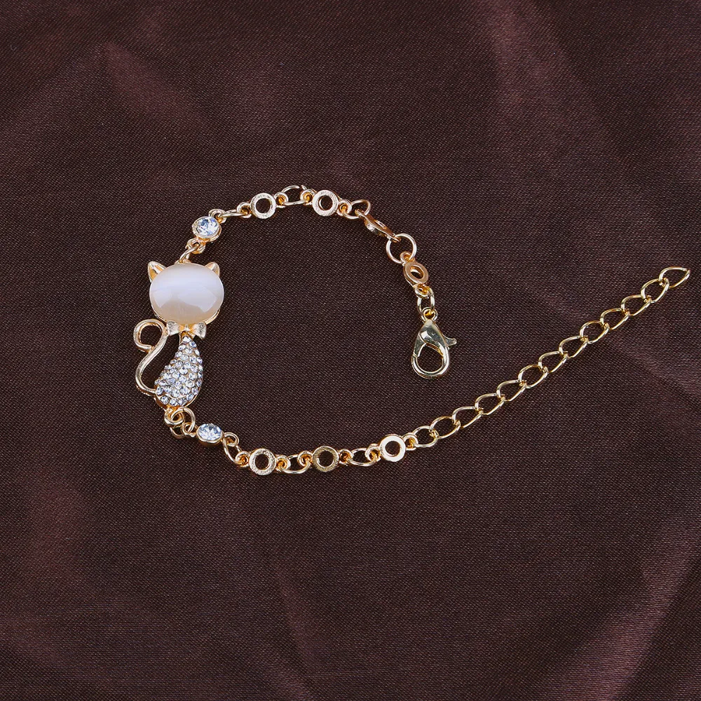 

Rose Gold Alloy Lovely Cat Bracelets for Women Femme Children Girl Gift Jewelry Charms Crystal Opals Rhinestone Bangle Chain