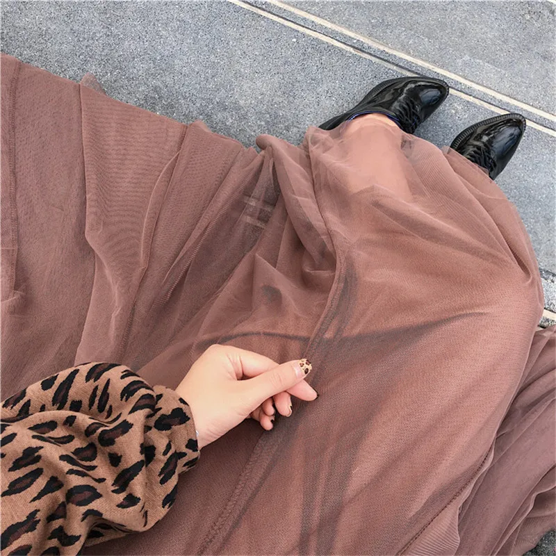 

Fashion Korean Mesh Pleated Skirt Women Elegant Elastic High Waist Tutu Tulle Skirt Jupe Femme Maxi Long Skirts Womens C6053