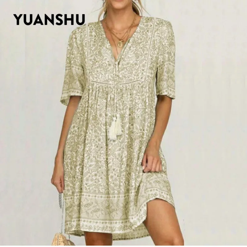 Женское пляжное платье YUANSHU Пляжное Платье с v-образным вырезом и цветочным