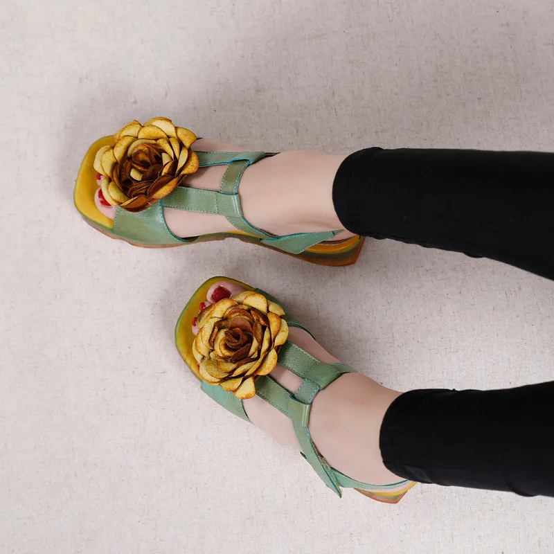 Женские сандалии из натуральной кожи ручной работы на платформе с ремешком