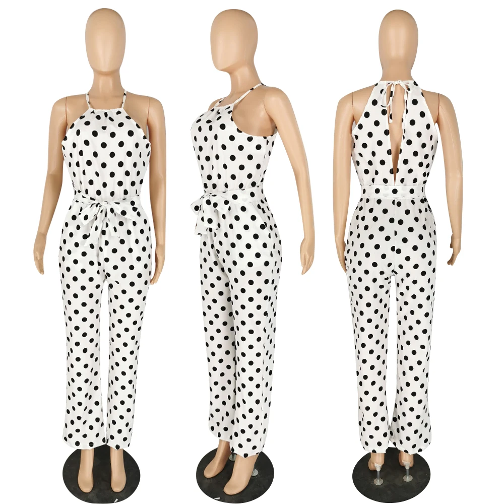 

Women Jumpsuits Sashes Sleeveless Dot Print Street Rompers Sexy Night Club Party Elegant One Piece Outfits 639
