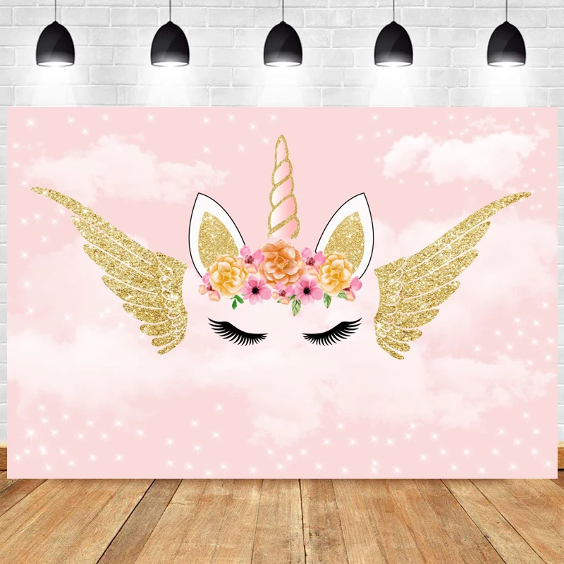 

Wing Unicorn Photo Backdrop Kids Pink Happy Birthday Party Flower Children Photography Background Banner Photocall Prop