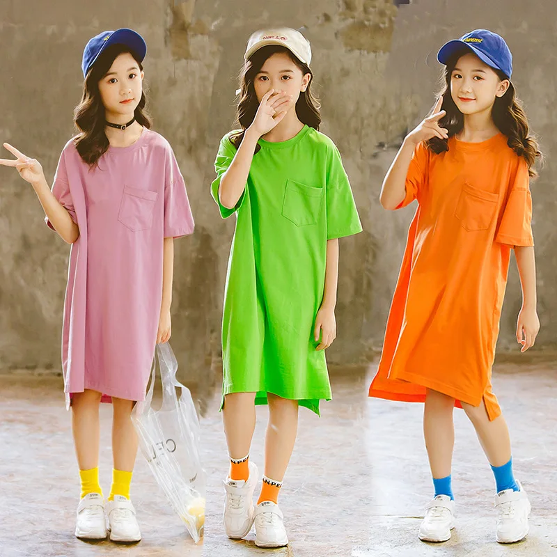 

Girls dress 2020 new summer cotton candy color kids sweatshirt dress children loose casual long shirt dress fashion kids clothes