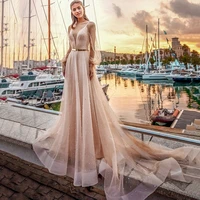 pink wedding dresses luxury pearls bride dress gold belt vestido de noiva 2021 puff long sleeve wedding gowns beach