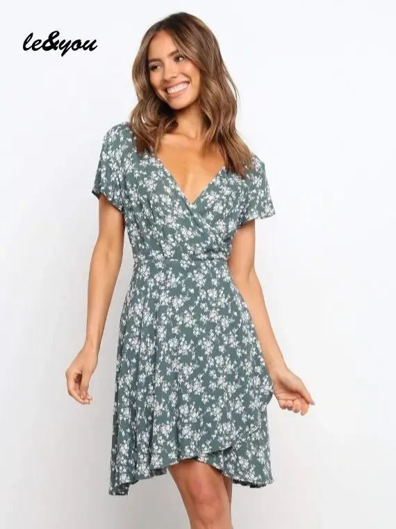 

2021 Summer New Women Casual Party Sexy Vintage Beach Elegant Mid-waist V-neck Printed Short-sleeved Dress women
