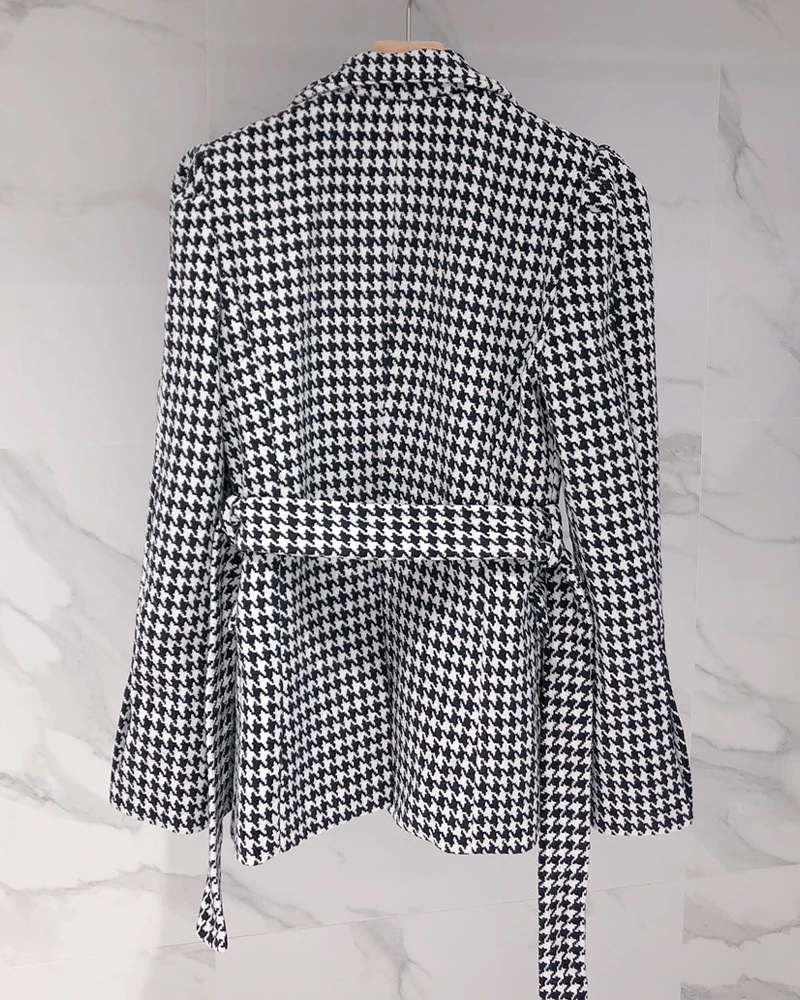 

HziriP OL Women Tops Vintage Houndstooth Double Breasted Blazer Woolen Coat Fashion Puff Sleeve Elegant Outerwear Plaid Jacket