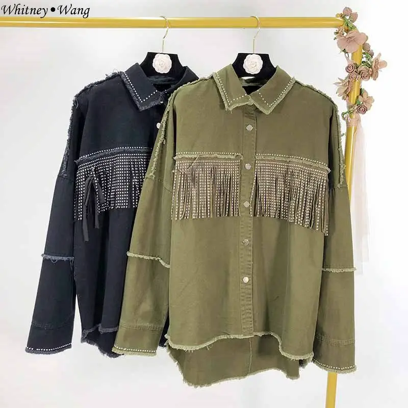 WHITNEY WANG блузки женские 2019 осень мода уличная кисточка блузка с потертостями блузы