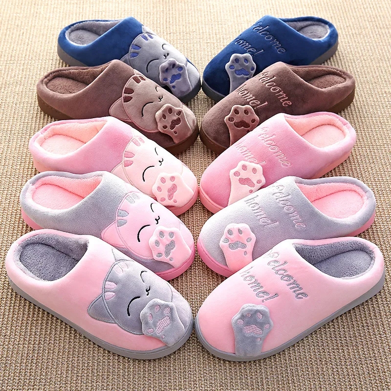 Women Winter Home Slippers Cartoon Cat Shoes Non-slip Soft Winter Warm House Slippers Indoor Bedroom Couples Shoes