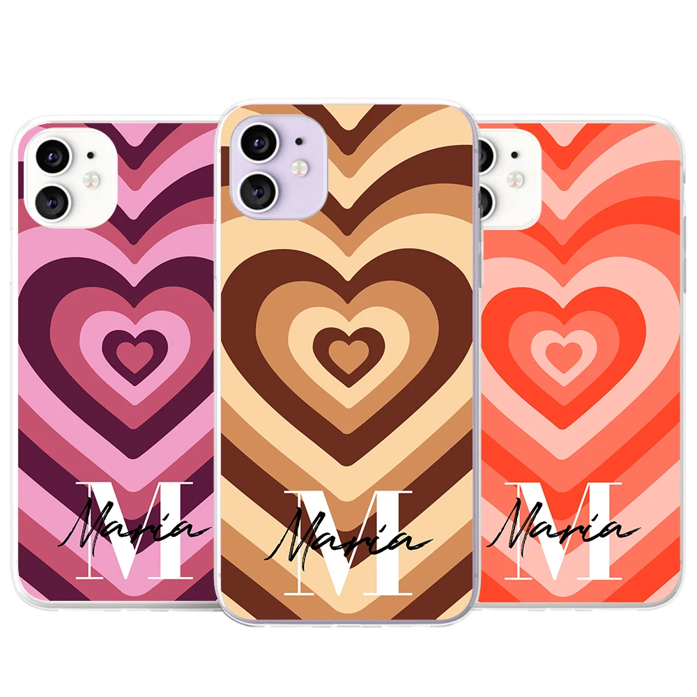 

Custom Name Brown Love Heart Phone Case For iPhone 13 12 11 Pro Max X XR XS 7 8 Plus SE Mini Personalized Transparent Soft Cover