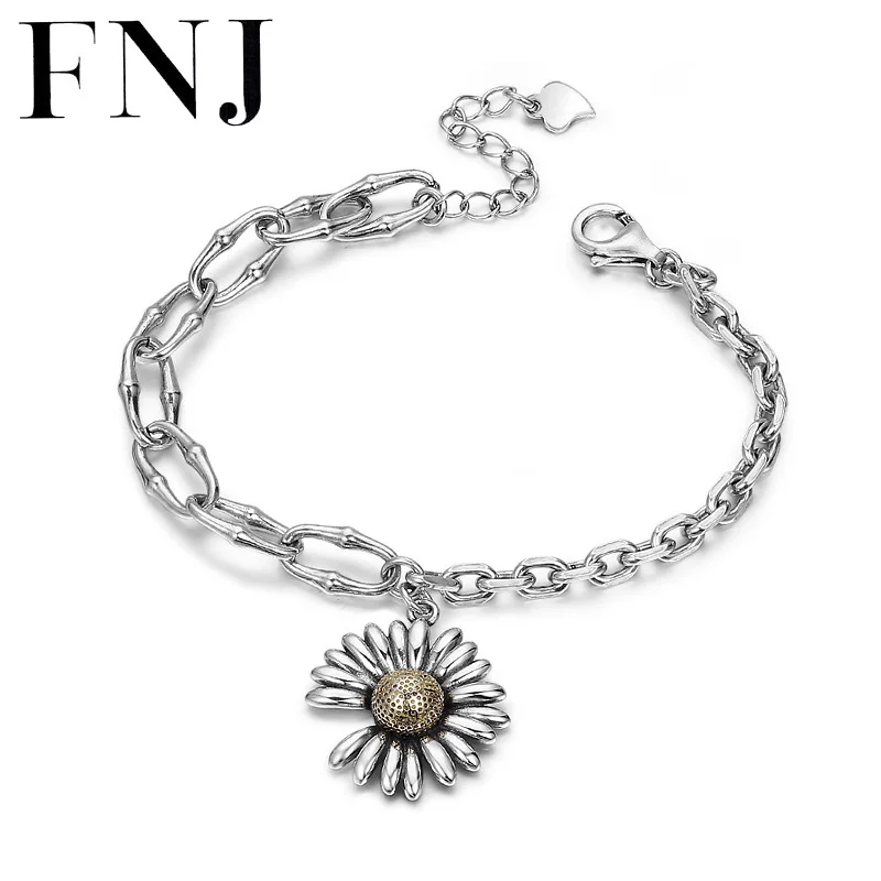

FNJ Daisy Flower Charm Bracelet 925 Silver 16.5cm +3cm Original Pure S925 Thai Silver Bracelets for Women Jewelry