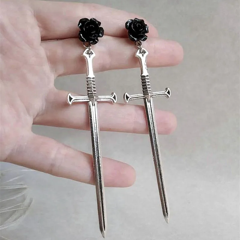 

Black Roses Gothic Sword Studs Earrings Creativity Punk Warrior Jewellery Gorgeous