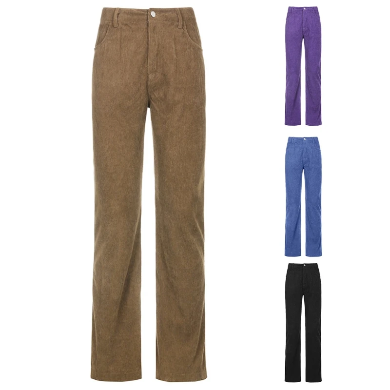 

Women Low Waist Velvet Long Pants Simple Solid Color Ribbed Striped Straight Leg Trousers Loose Harajuku Streetwear