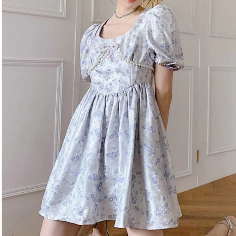 

LANMREM New Women Dress Flower Pearl Bow Puff Sleeve Dresses Temperament Fashion Tide Summer 2021 New Arrivals 2H704