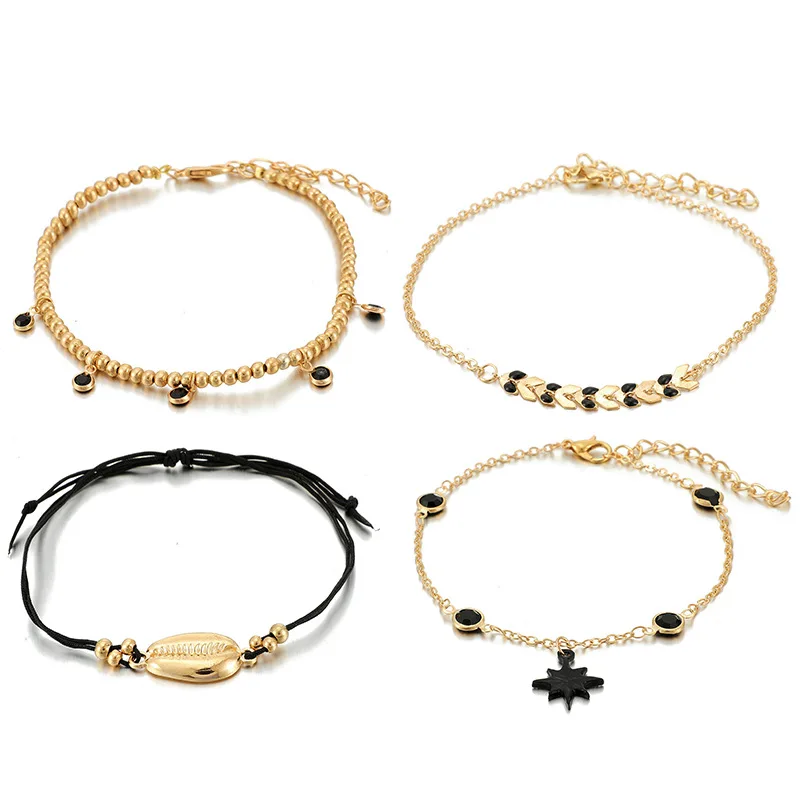 

HI MAN 4Pcs/Set French Mixed Oval Handmade Beaded Star Shell Small Hesui Anklet Women Fashion Simple Birthday Gift Jewelry