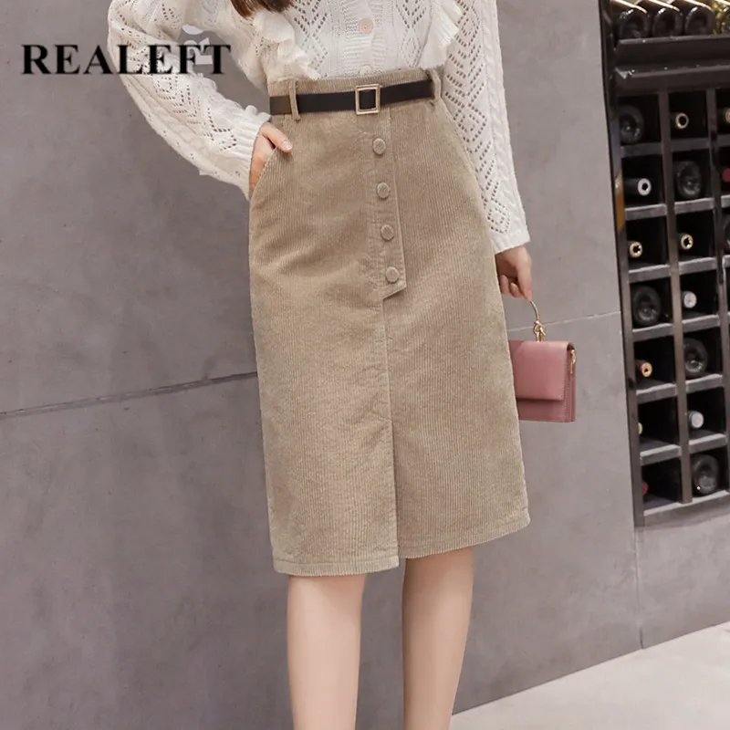 REALEFT зимняя элегантная Вельветовая юбка карандаш на пуговицах миди с высокой
