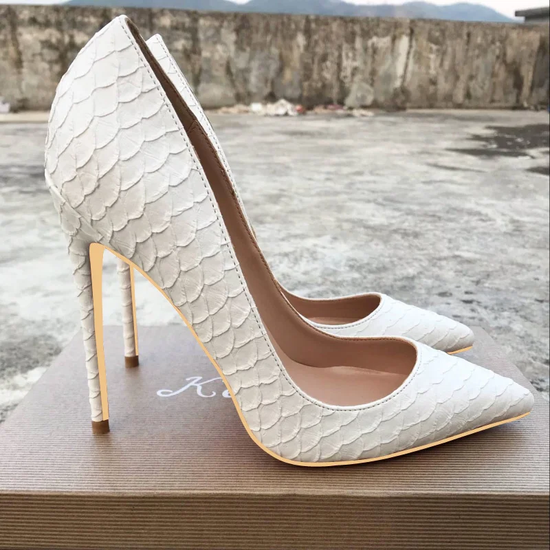 

Brand New Women 12cm Super High Heels Pumps White Snakeskin Leather Stiletto Heel Single Women's Office Shoes Lady