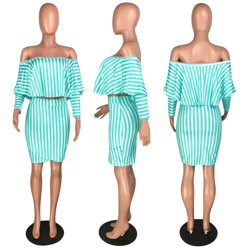 Autumn Women Set Full Hull Bushes Striped Print Crop Top Bodycon Short Skirt To Suit Two Pieces Set Training Suit
