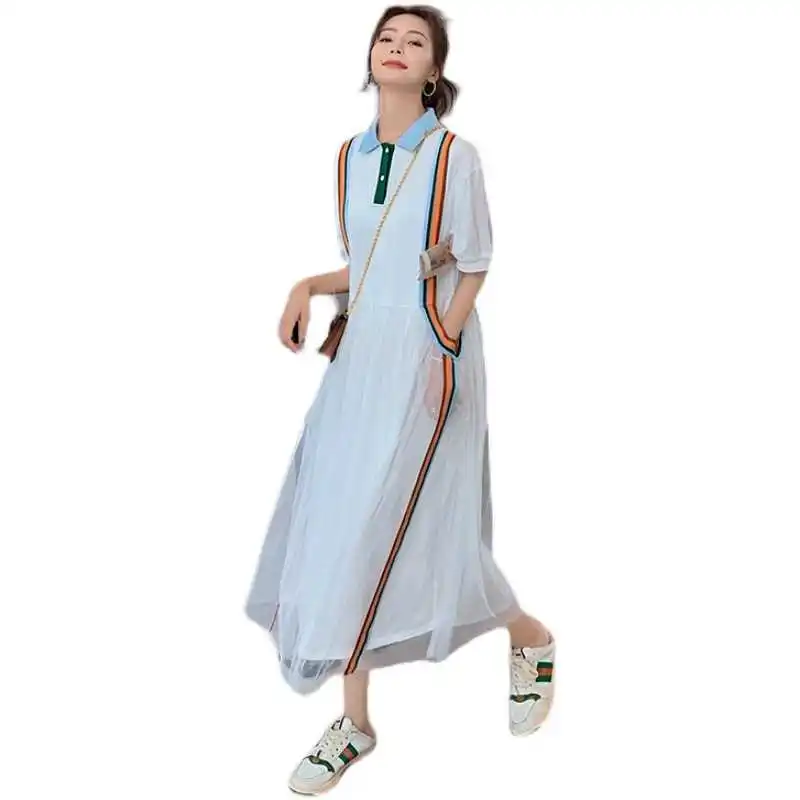 

LANMREM Causal Rainbow Ribbon Mesh Long Knee Size Polo Collar Dress Short Sleeve Summer 2021 New Arrival 2K1888